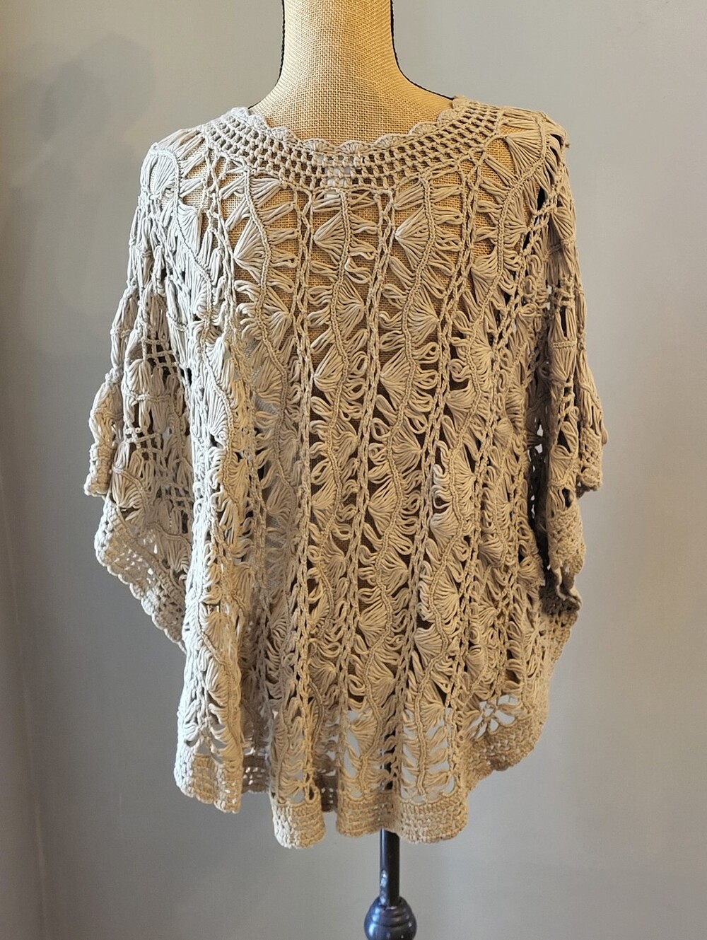 Chico's Tan Open Weave Poncho Cotton-blend S/M - Picture 6 of 7